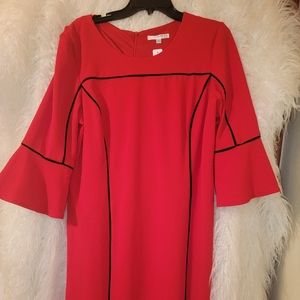 Bold Red Bell Sleeve dress with black trimming detail. Studio One  NWT